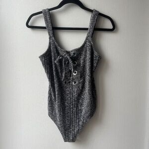 Heather Grey Lace-Up Body Suit, Express, size M Petite